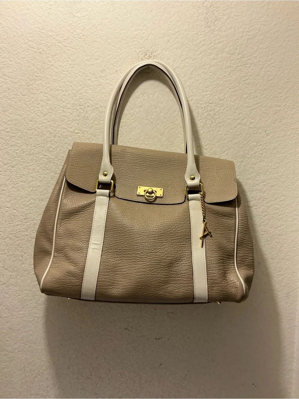 Andallose Taupe and White Leather Satchel Handbag with Gold Hardware